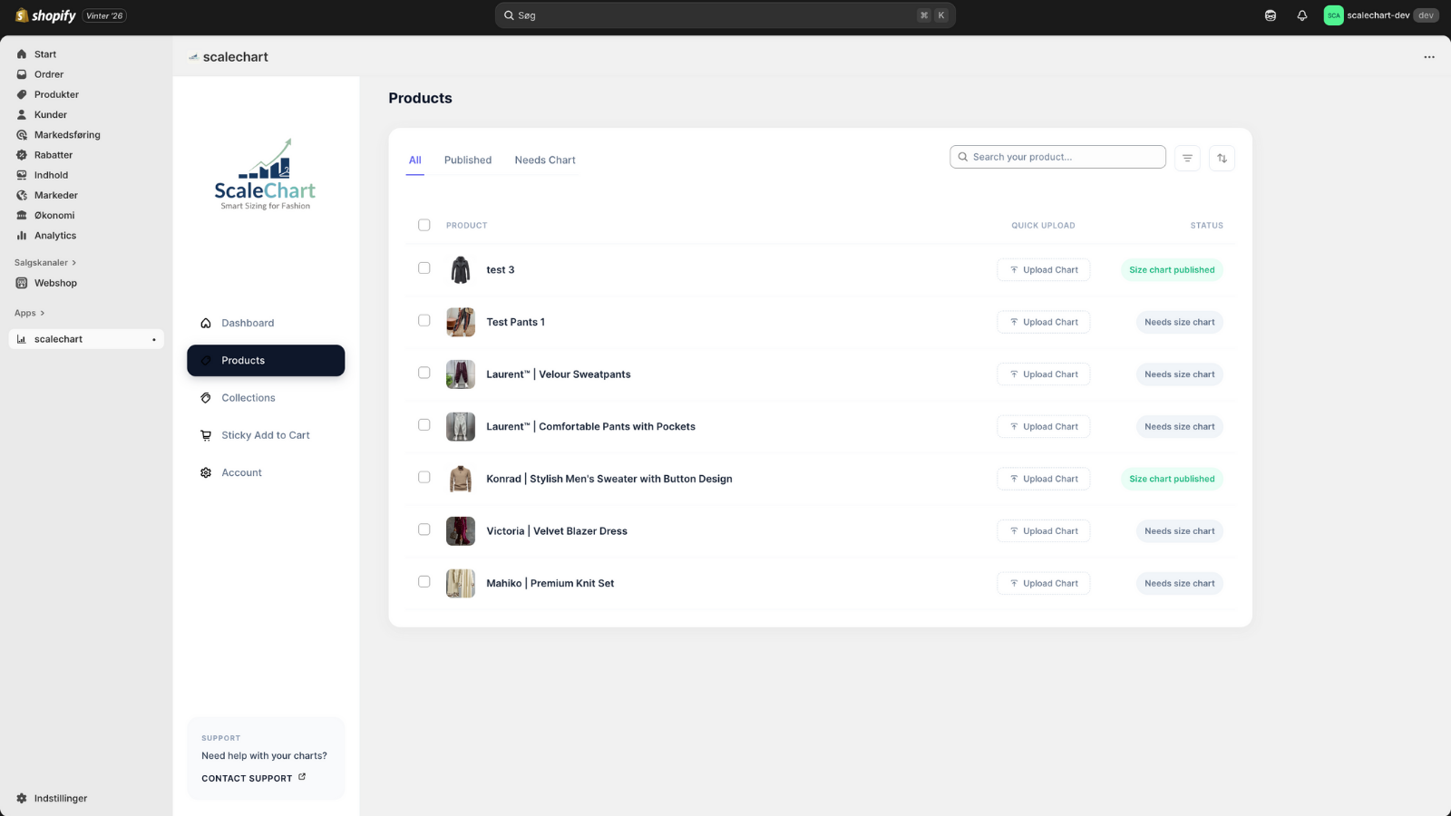 List of all of your products with data if needed size chart.
