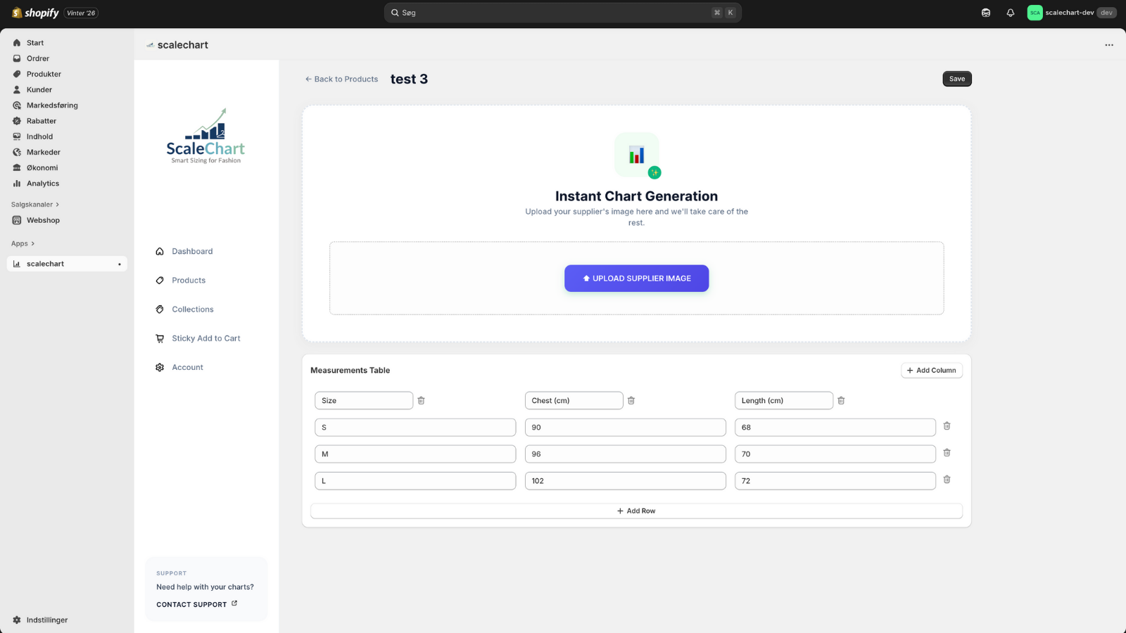 Automatic size chart extraction after clicking on a product
