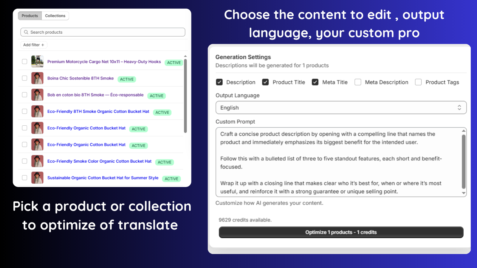 product SEO optimization for descriptions, titles and meta
