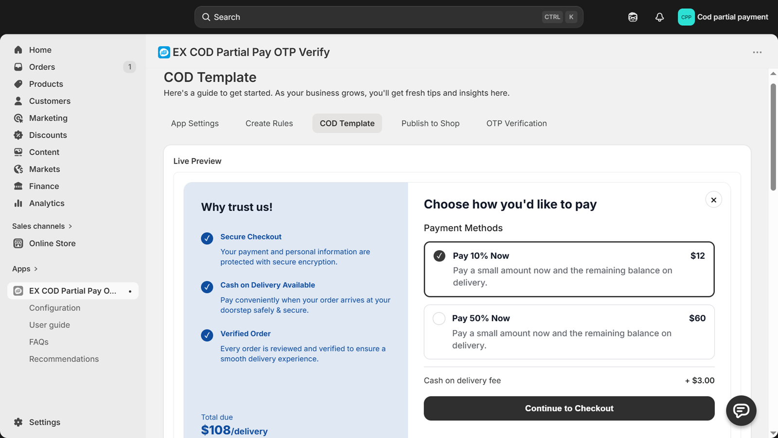 EX COD Partial Pay OTP Verify