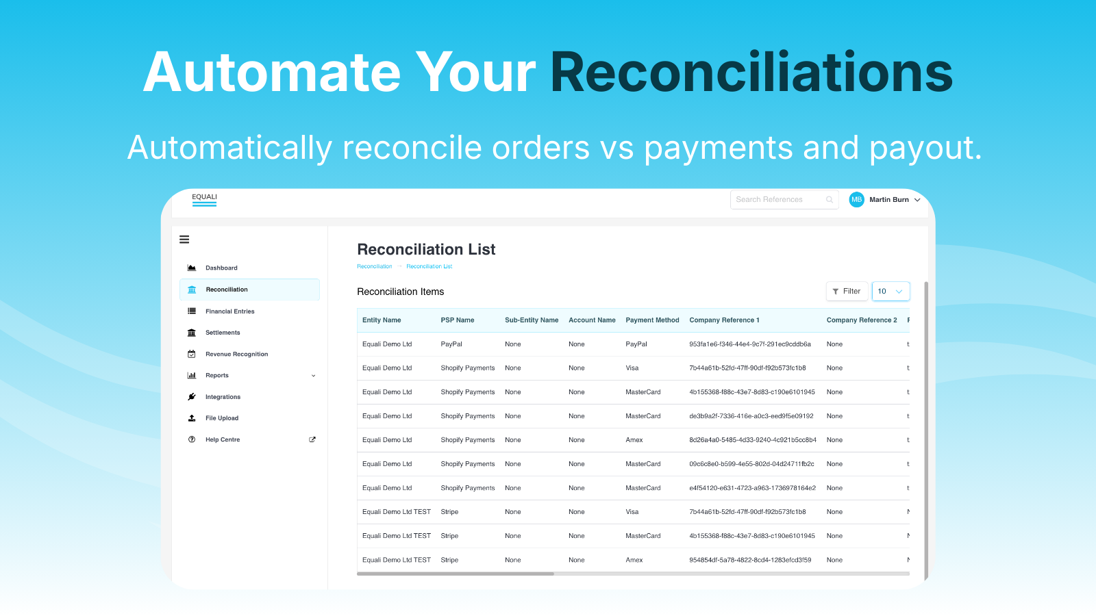 Screenshot showing the Equali Reconciliation List page