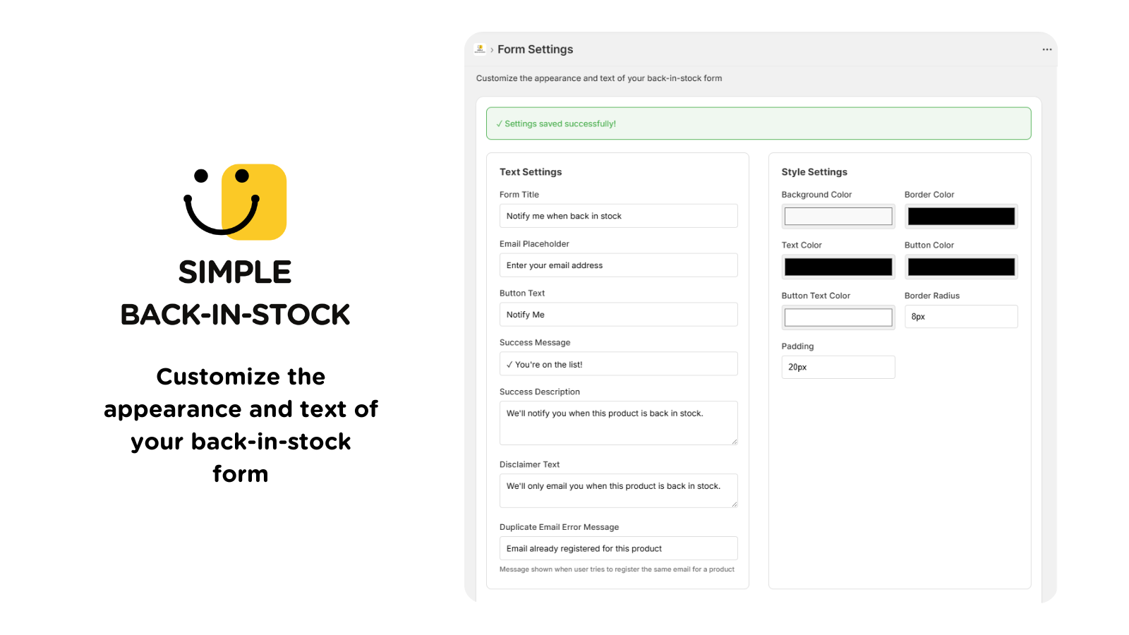 Customize the appearance and text of your back-in-stock form