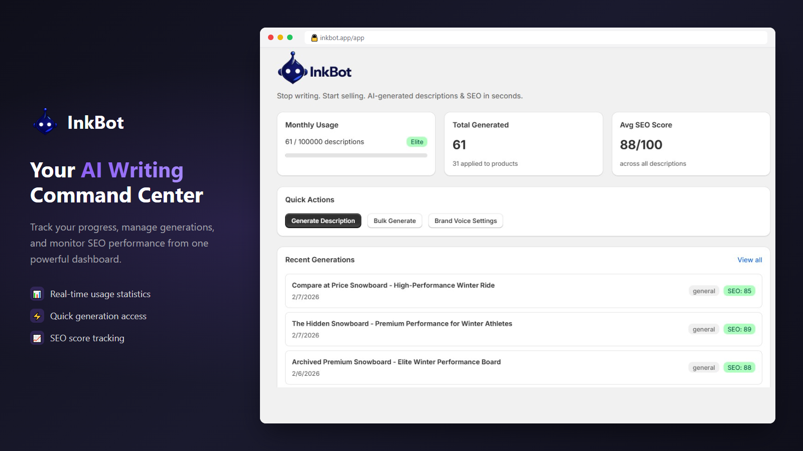 InkBot Shopify dashboard — usage stats and SEO tracking