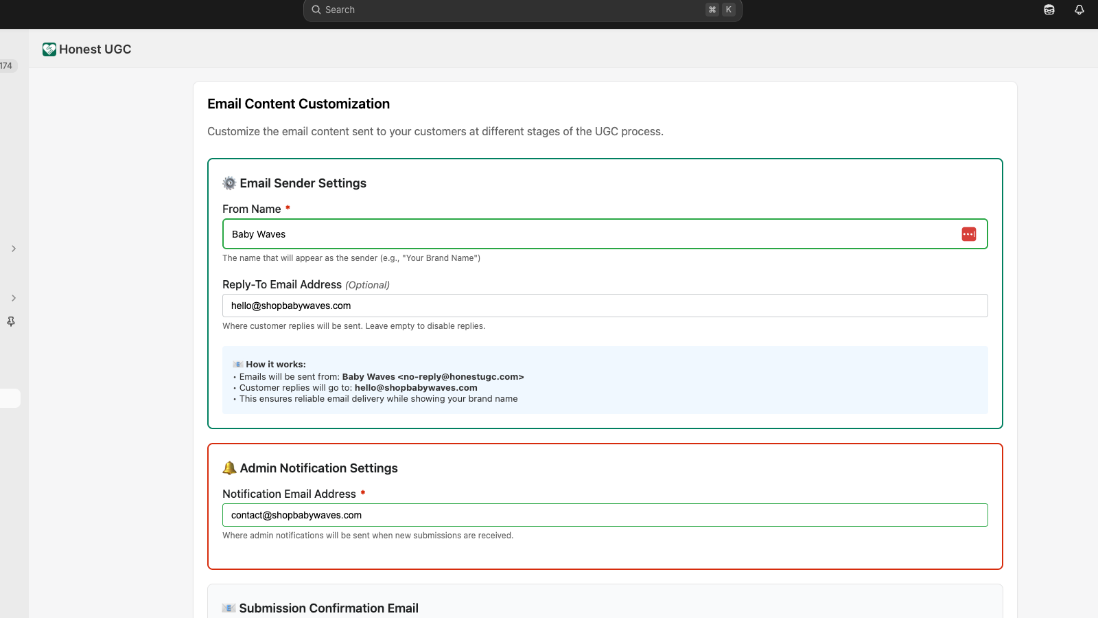 honest ugc email settings