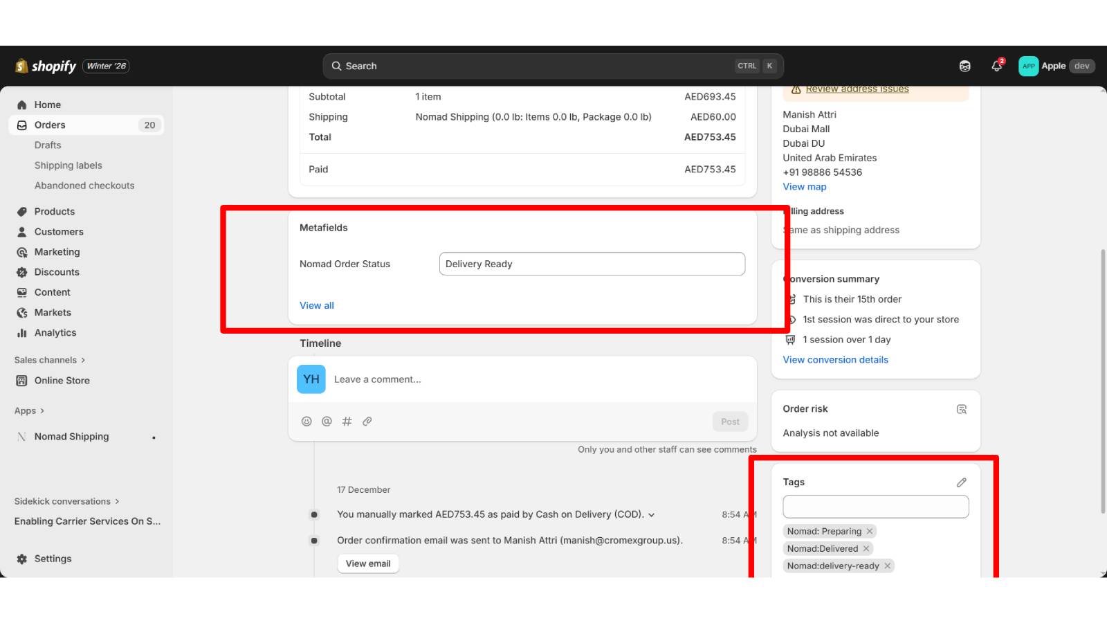 Order Meta box and tags on order status update in Nomad