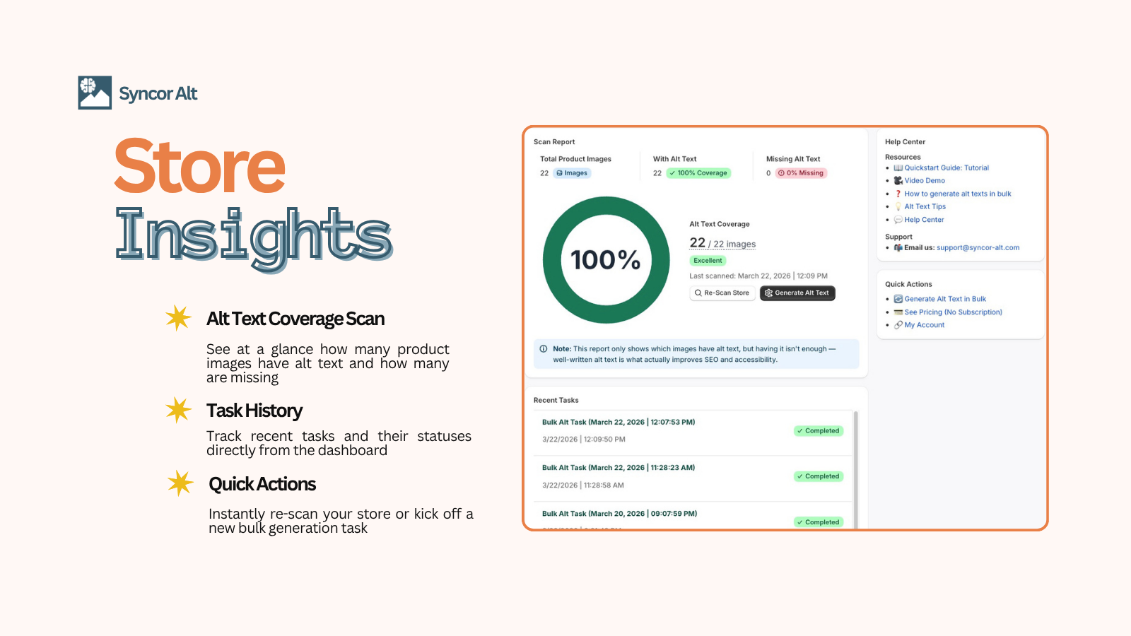 The Dashboard of Syncor Alt showing alt text report of the shop.