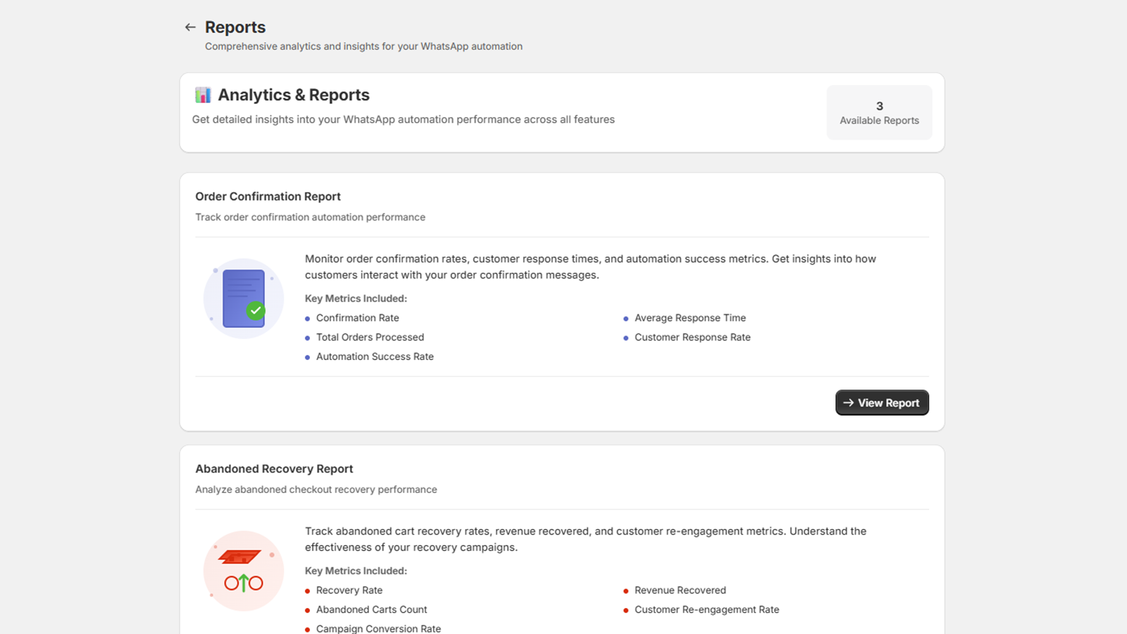 WhatsApp automation reporting for orders, carts, and fulfillment