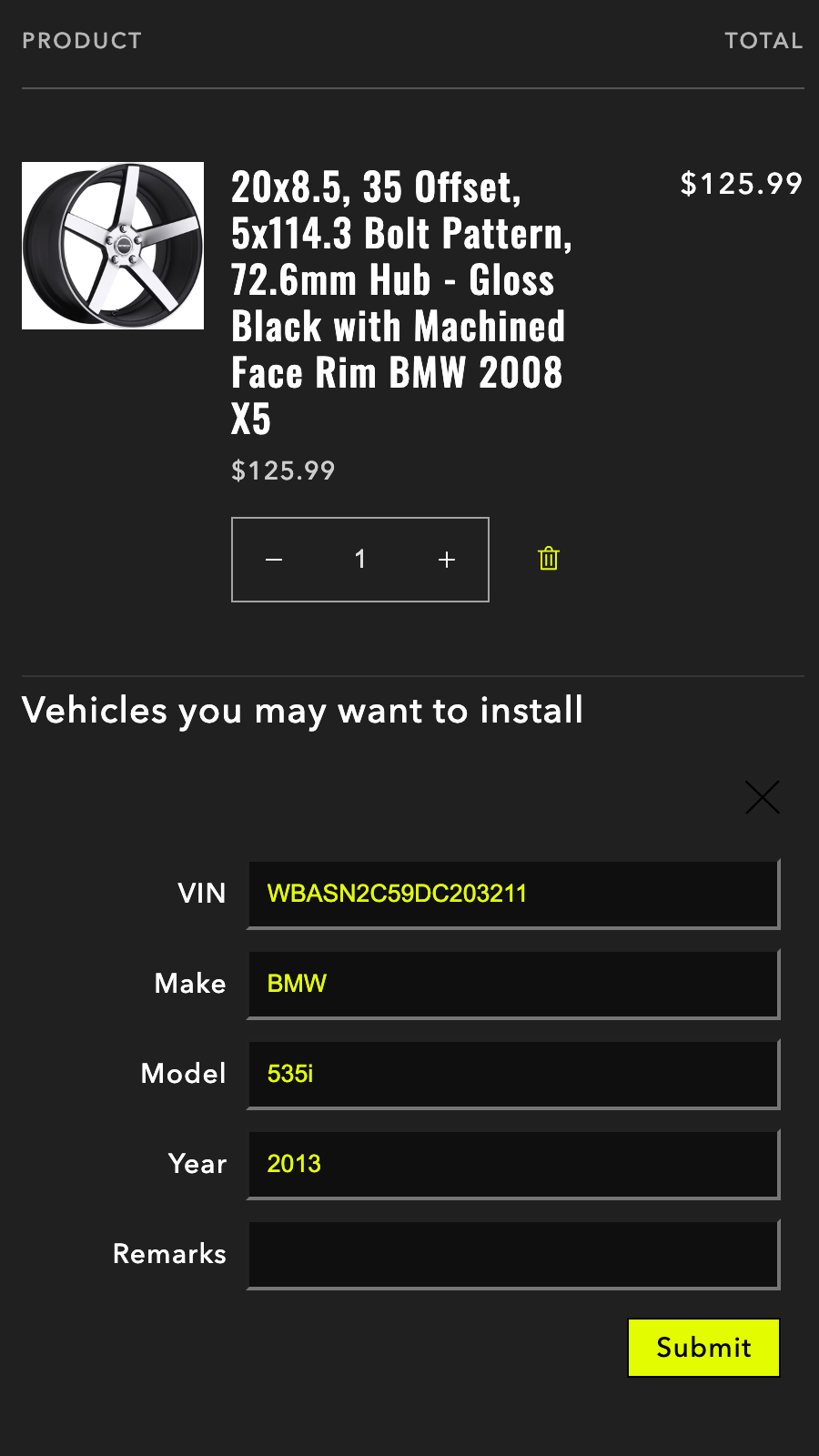 Vehicle information can be modified when the order is submitted