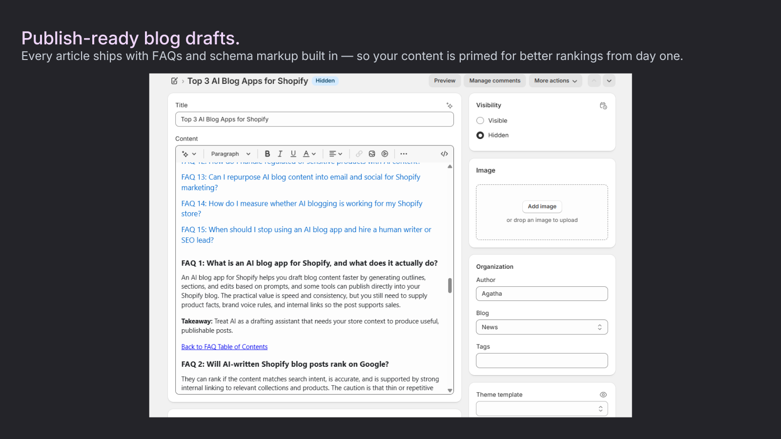 Agatha generated blog draft with FAQs and schema markup