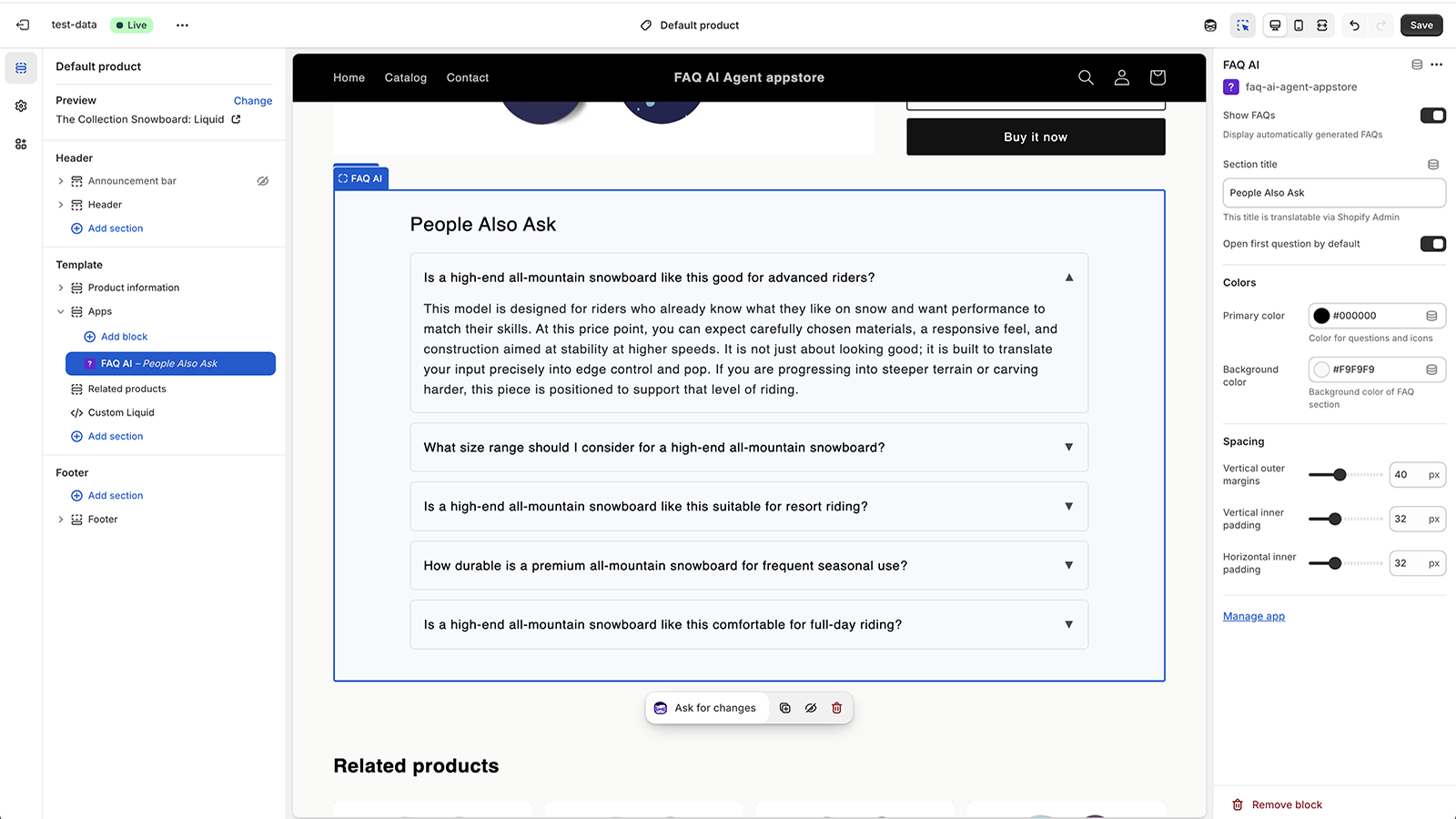 Theme editor with FAQ block color and spacing settings