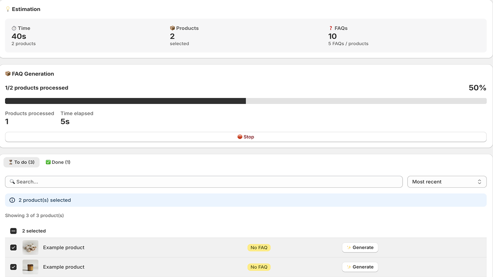 Bulk FAQ generation progress bar and product selection