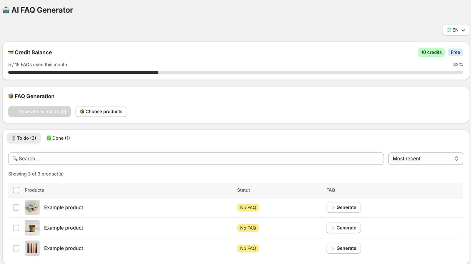 FAQ AI dashboard with credit balance and product list