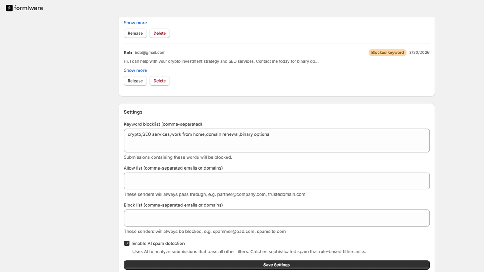 Formlware settings with keyword blocklist and AI spam detection