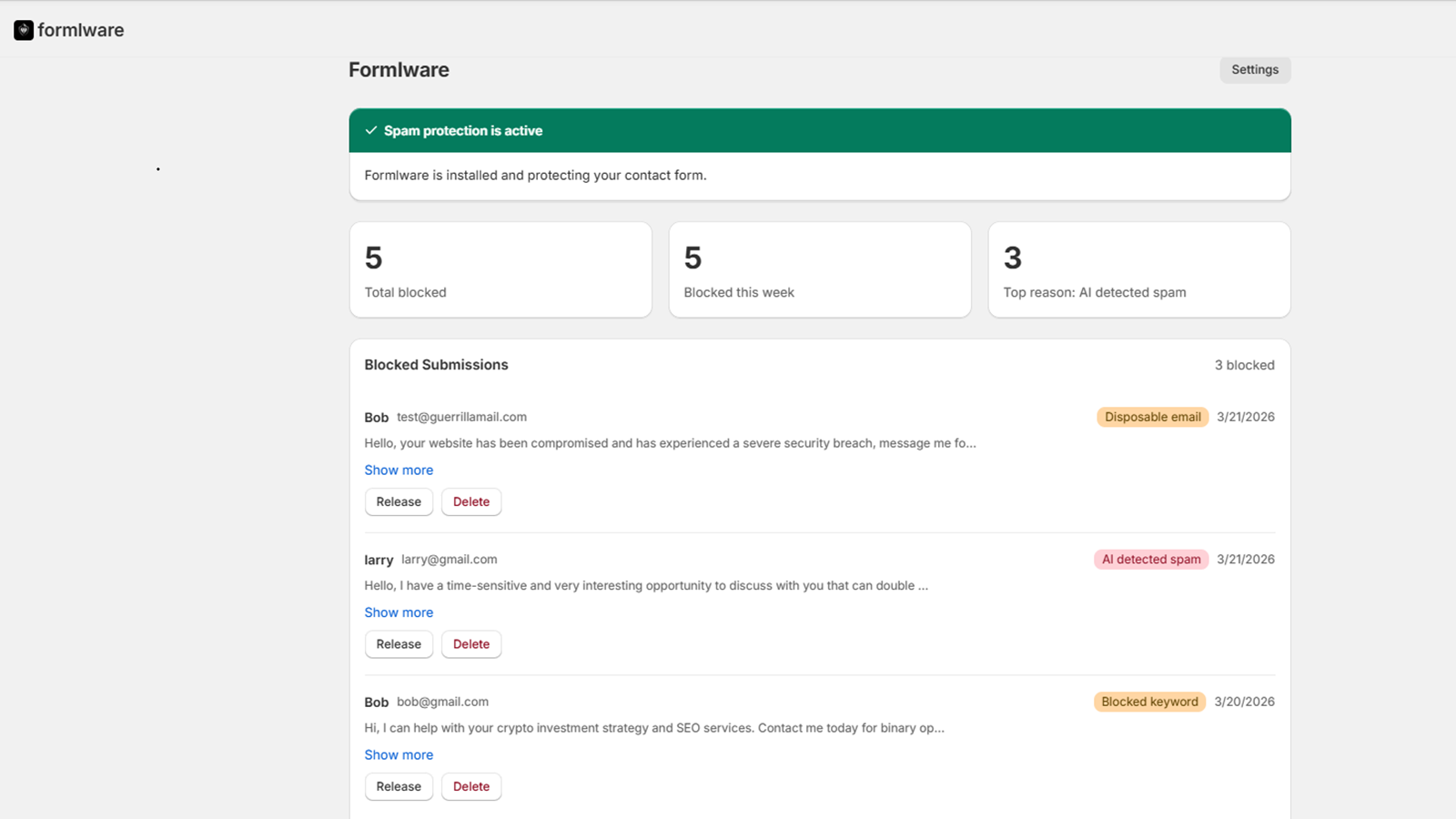 Formlware dashboard showing blocked spam submissions and stats