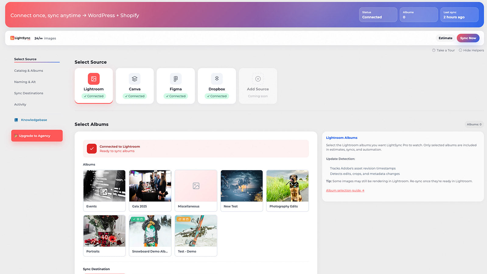 Connect Lightroom, Canva, Figma, or Dropbox in one click