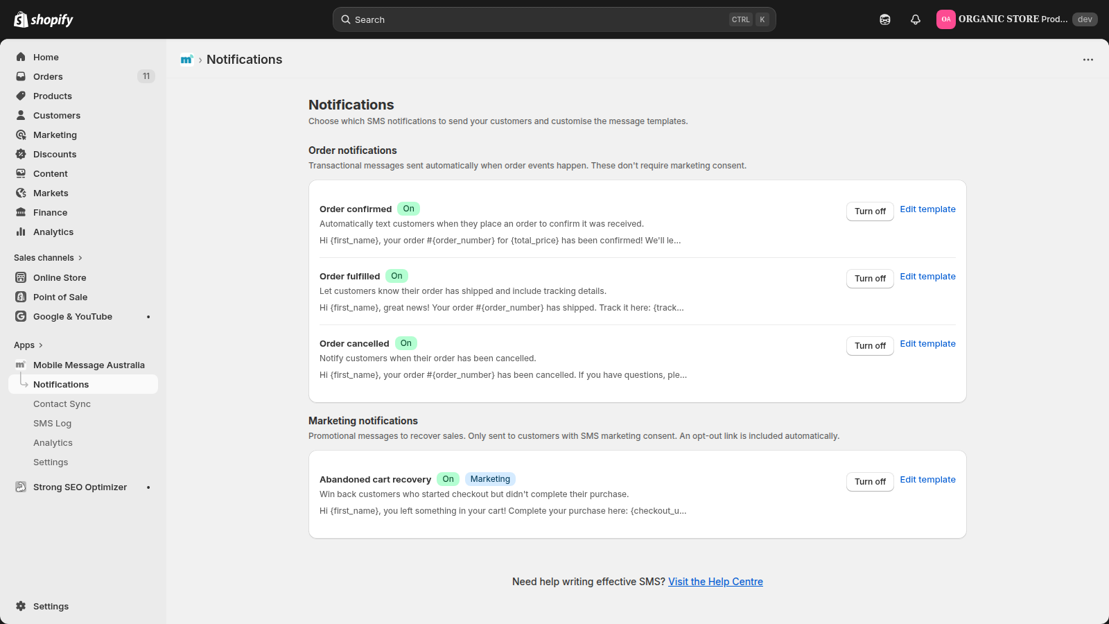 Notification settings showing order and marketing SMS templates
