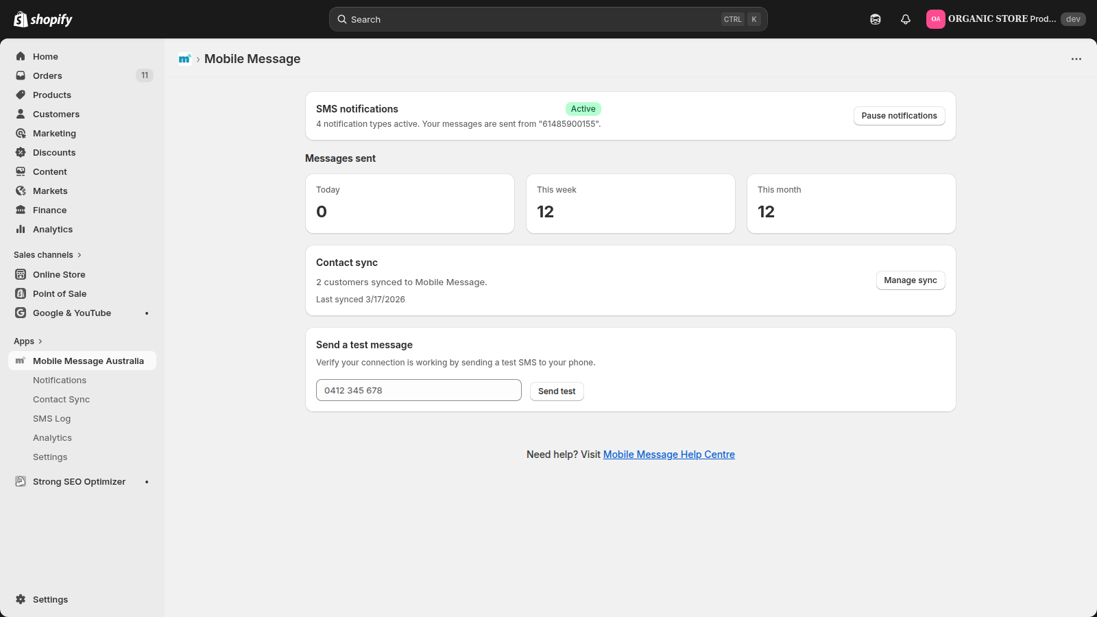 Mobile Message dashboard with notification status and message st