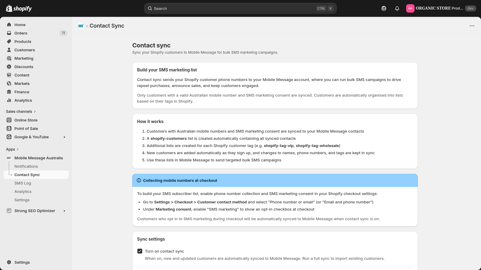 Contact sync page with tag-based list management and sync status