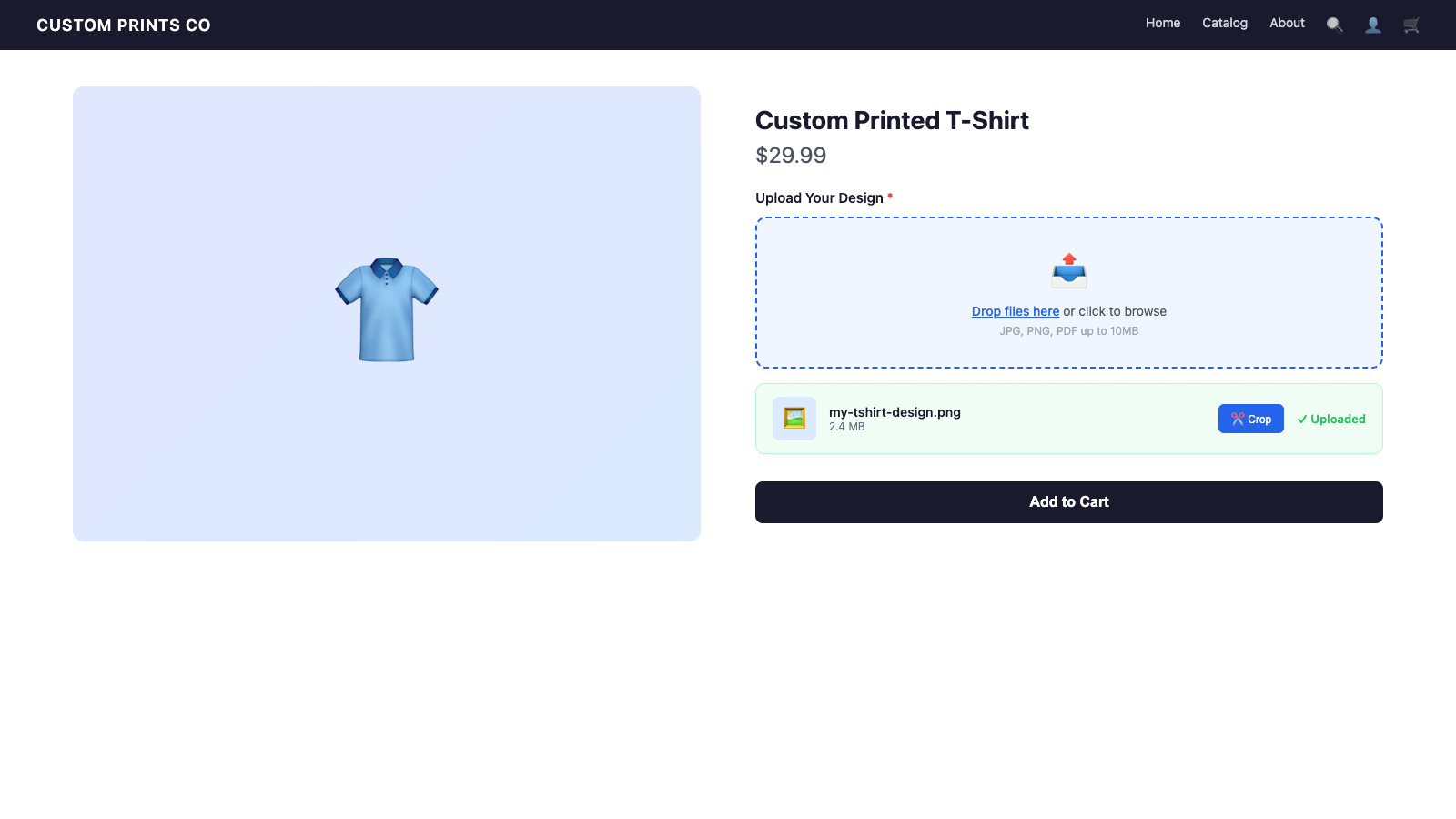 Storefront product page with drag and drop upload widget