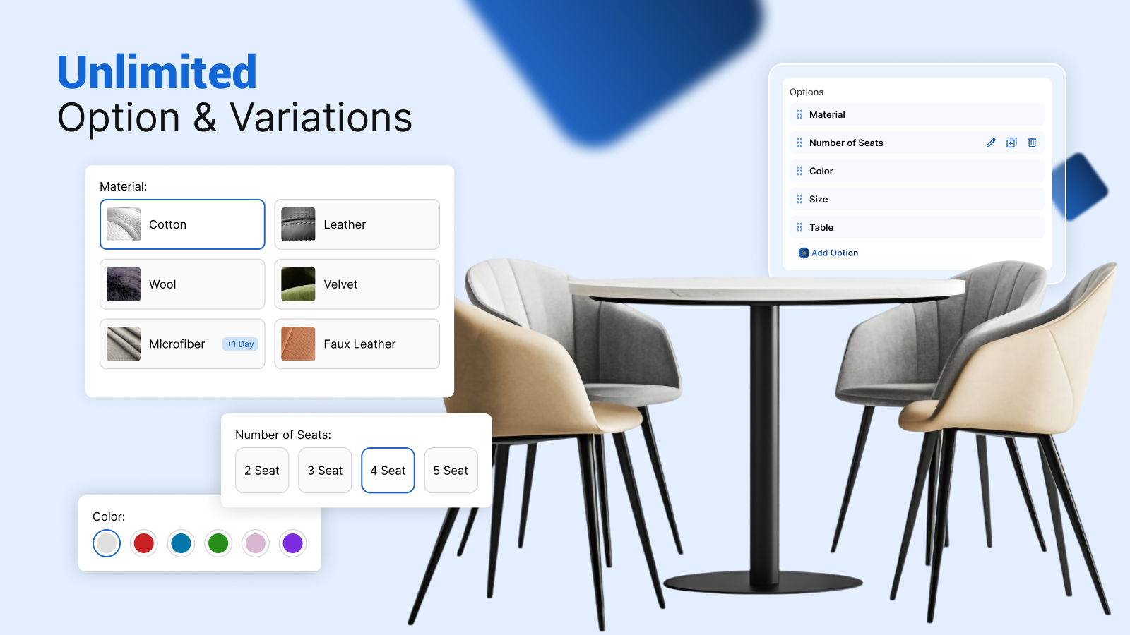 Options & Variations interface with furniture settings