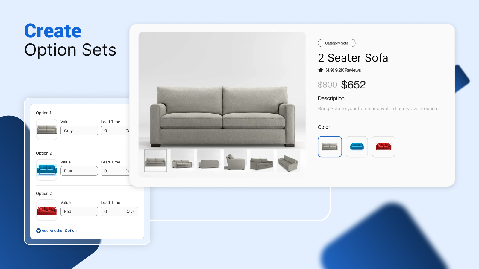 Create Option Sets interface with 2 Seater Sofa customization