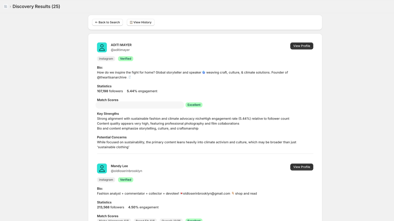 List of Matching Influnencers