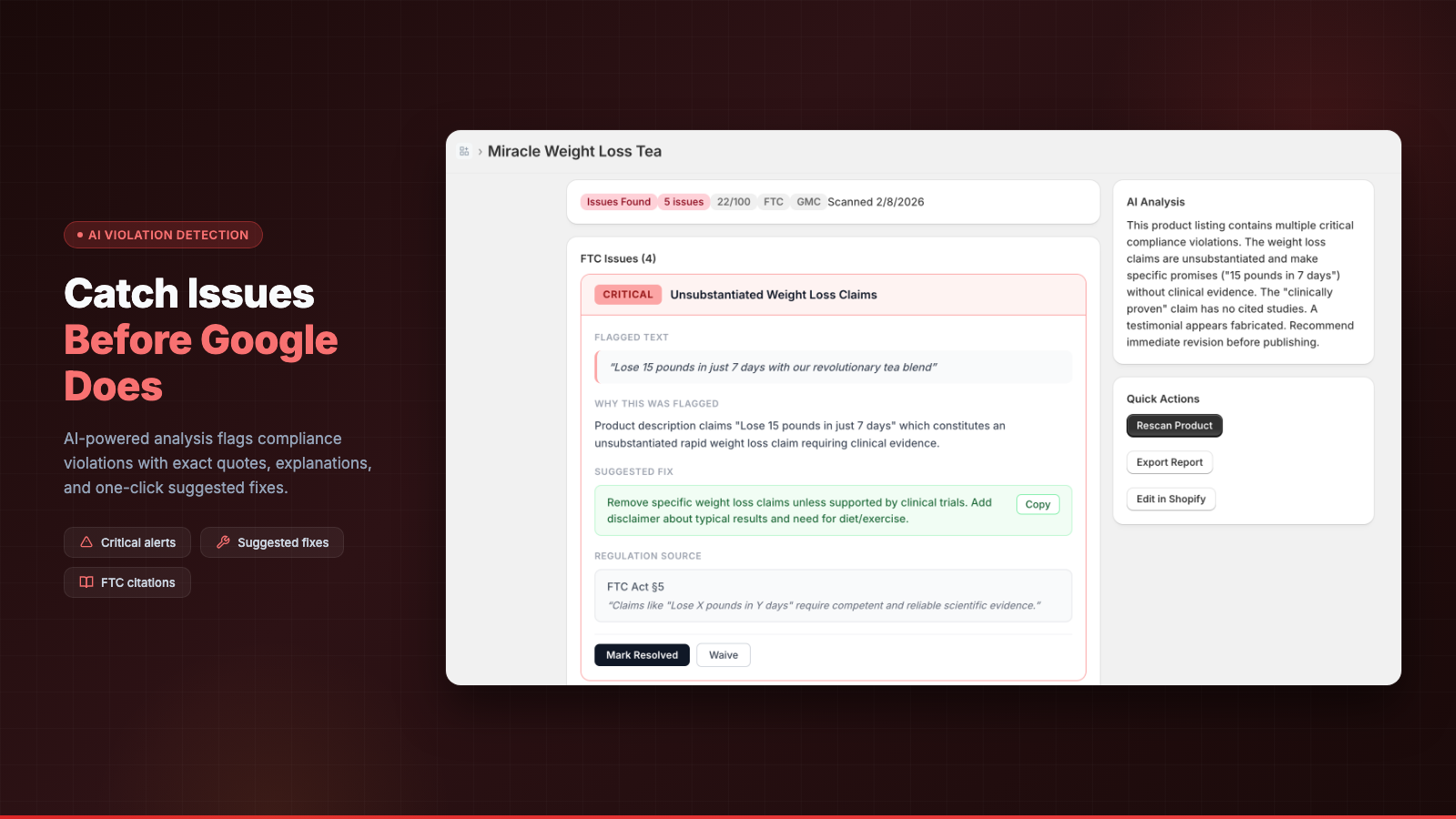 View flagged issues with severity levels and fix suggestions