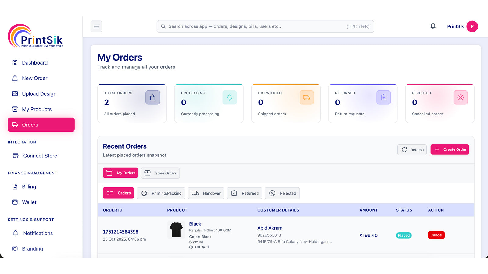 Order tracking and fulfillment dashboard.