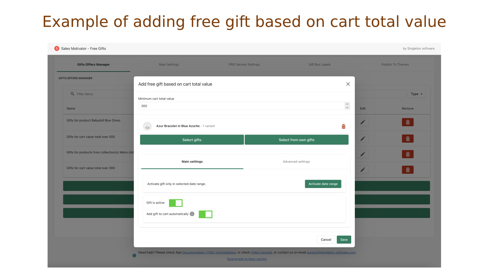 Example of adding free gift based on cart total value