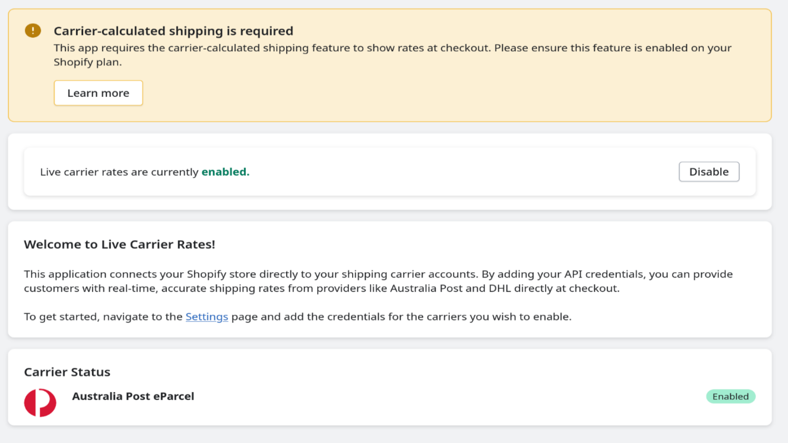 Live Carrier Rates Control Panel
