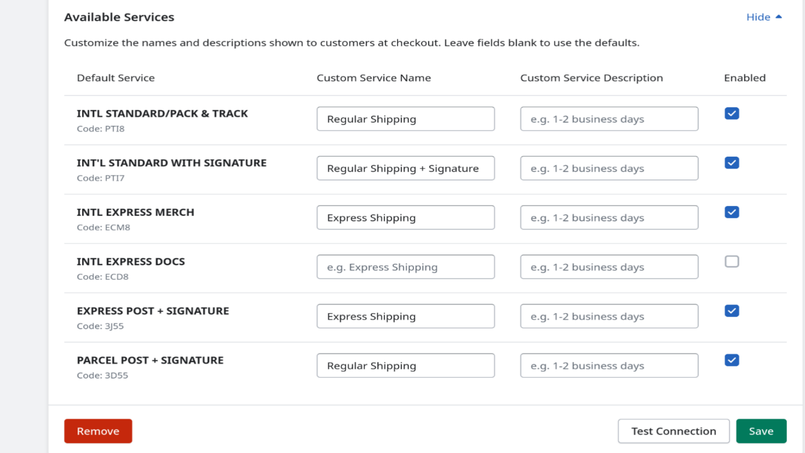 Live Carrier Rates eParcel Settings