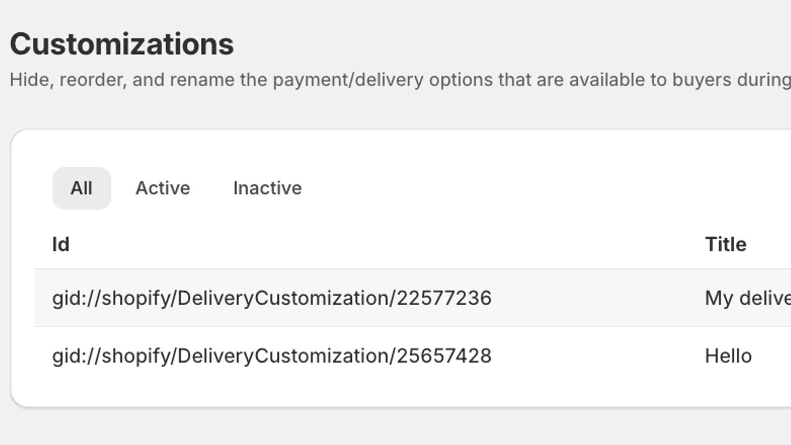 Delivery Function List