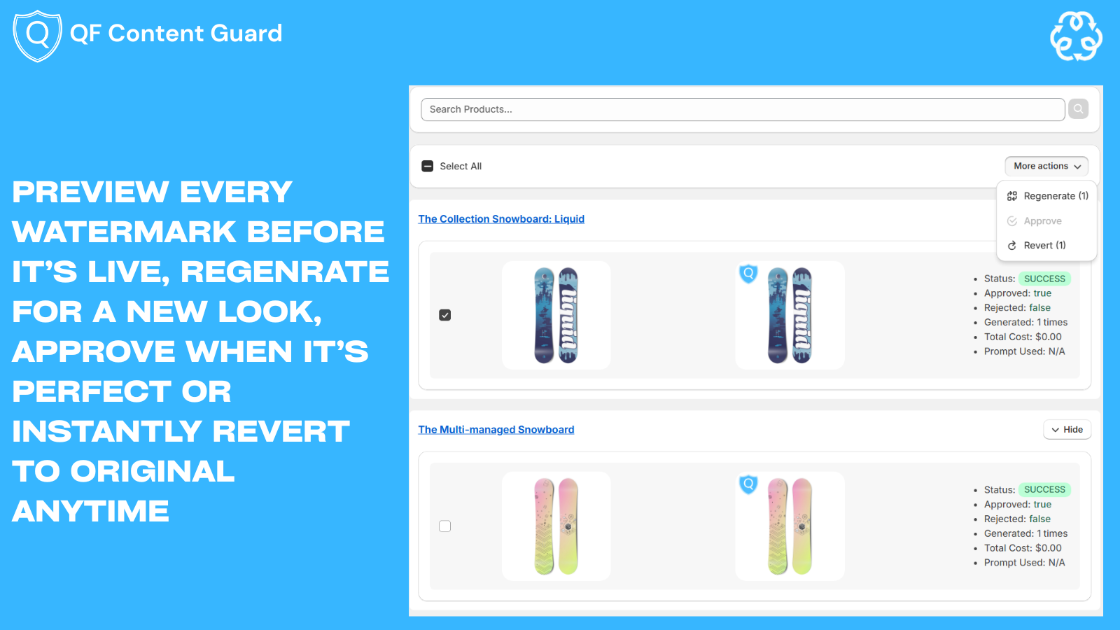 Preview and revert watermarked images in bulk.