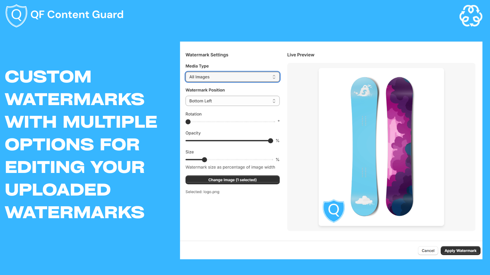 Custom watermark settings with live image preview.