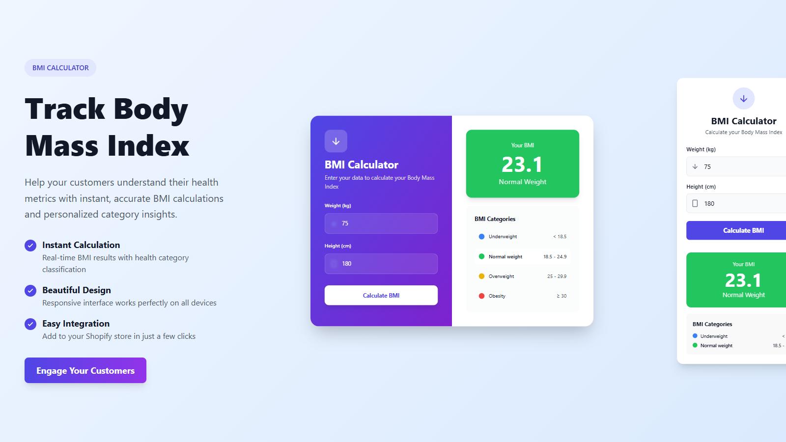 BMI calculator with weight, height input and results