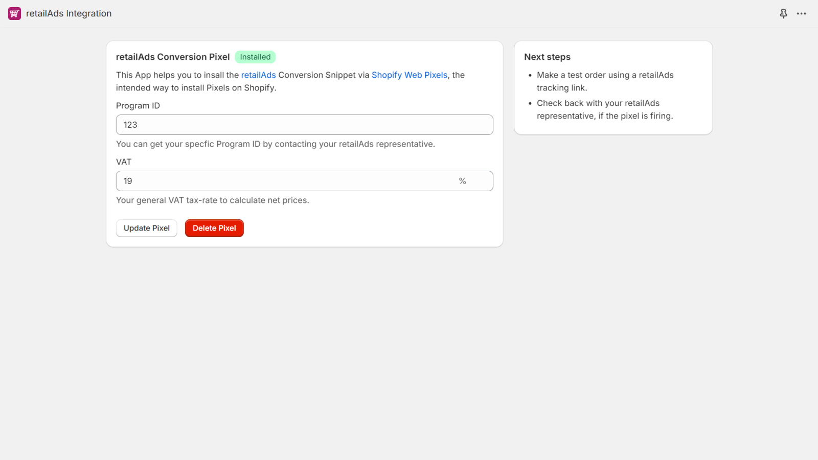 Installed Tracking Pixel UI