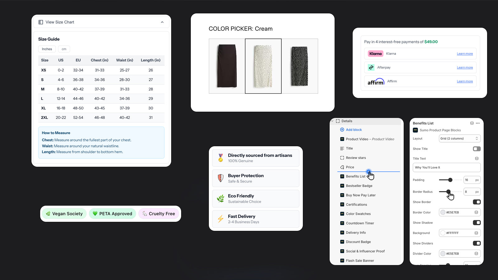 Size charts, variant images, social proof. Sumo Blocks app