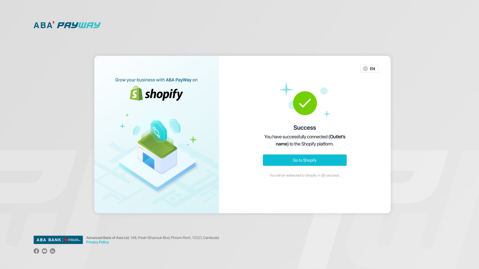 Success! Your Shopify store is ready to accept payments via ABA