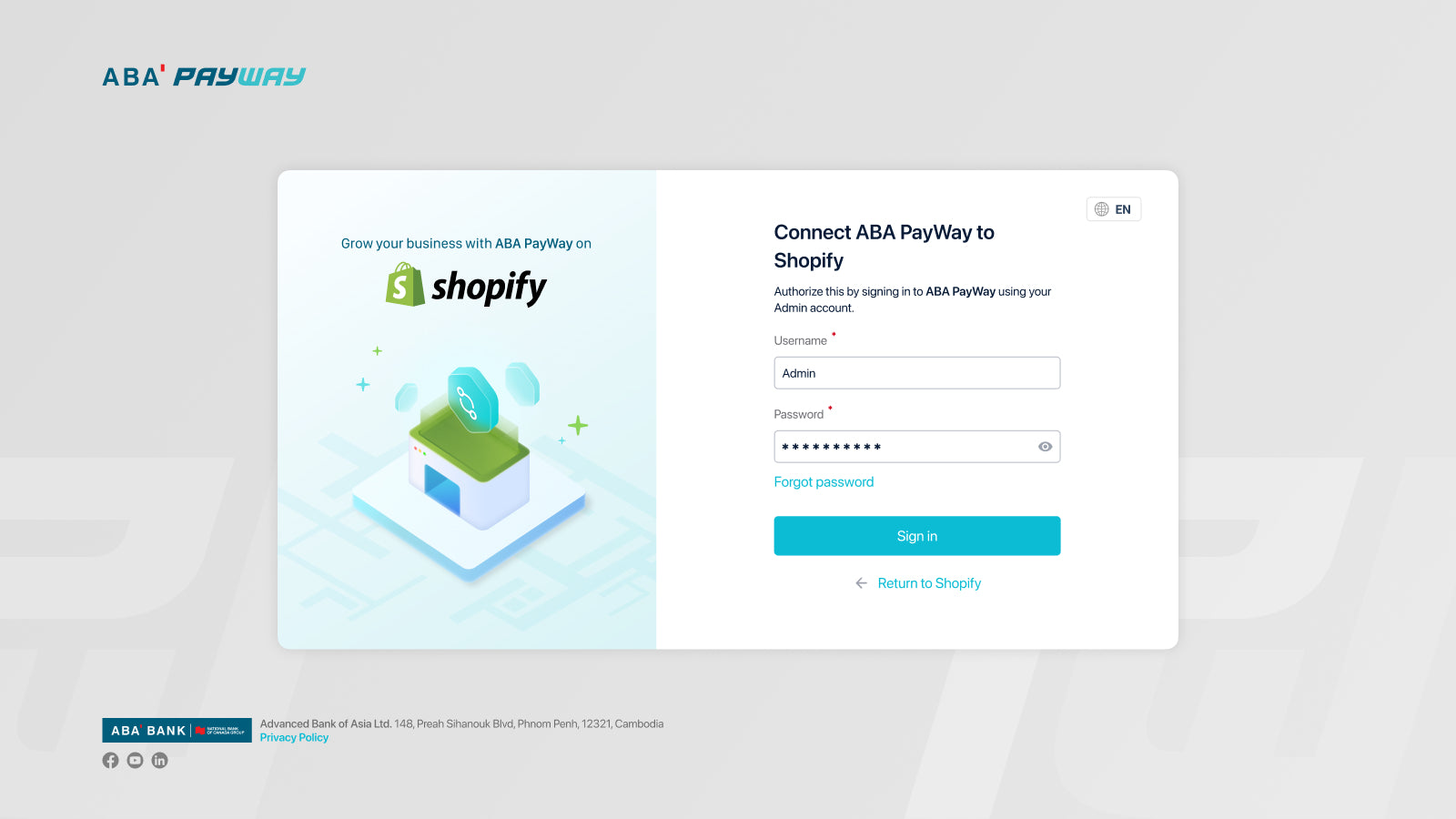 Connect Shopify to ABA PayWay with your Merchant login detail