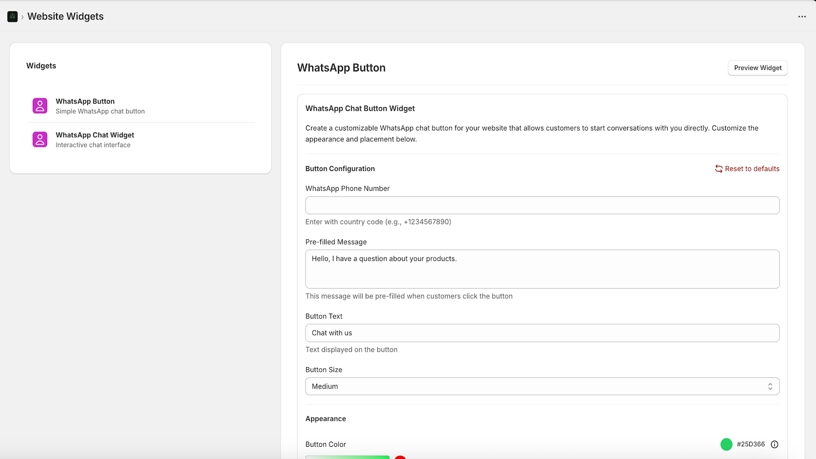 Configurable WhatsApp widgets for store integration