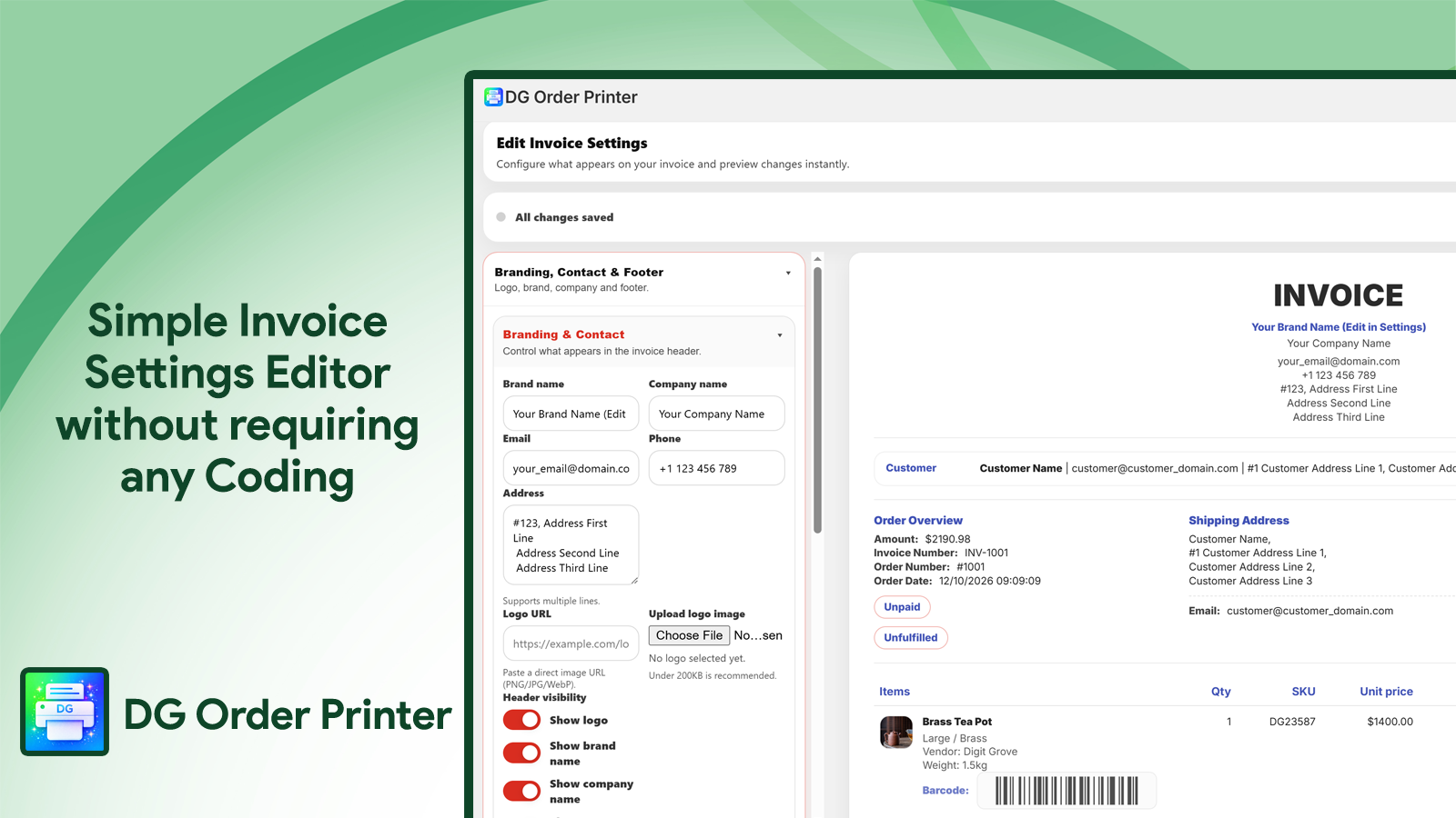 DG Order Printer Invoice Settings Editor