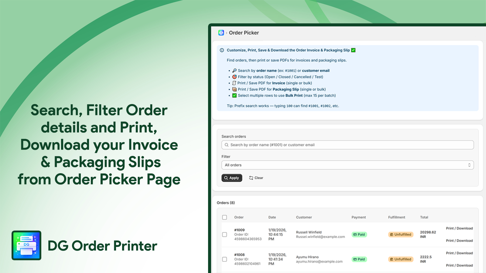 DG Order Printer Order Search, Filter and Print
