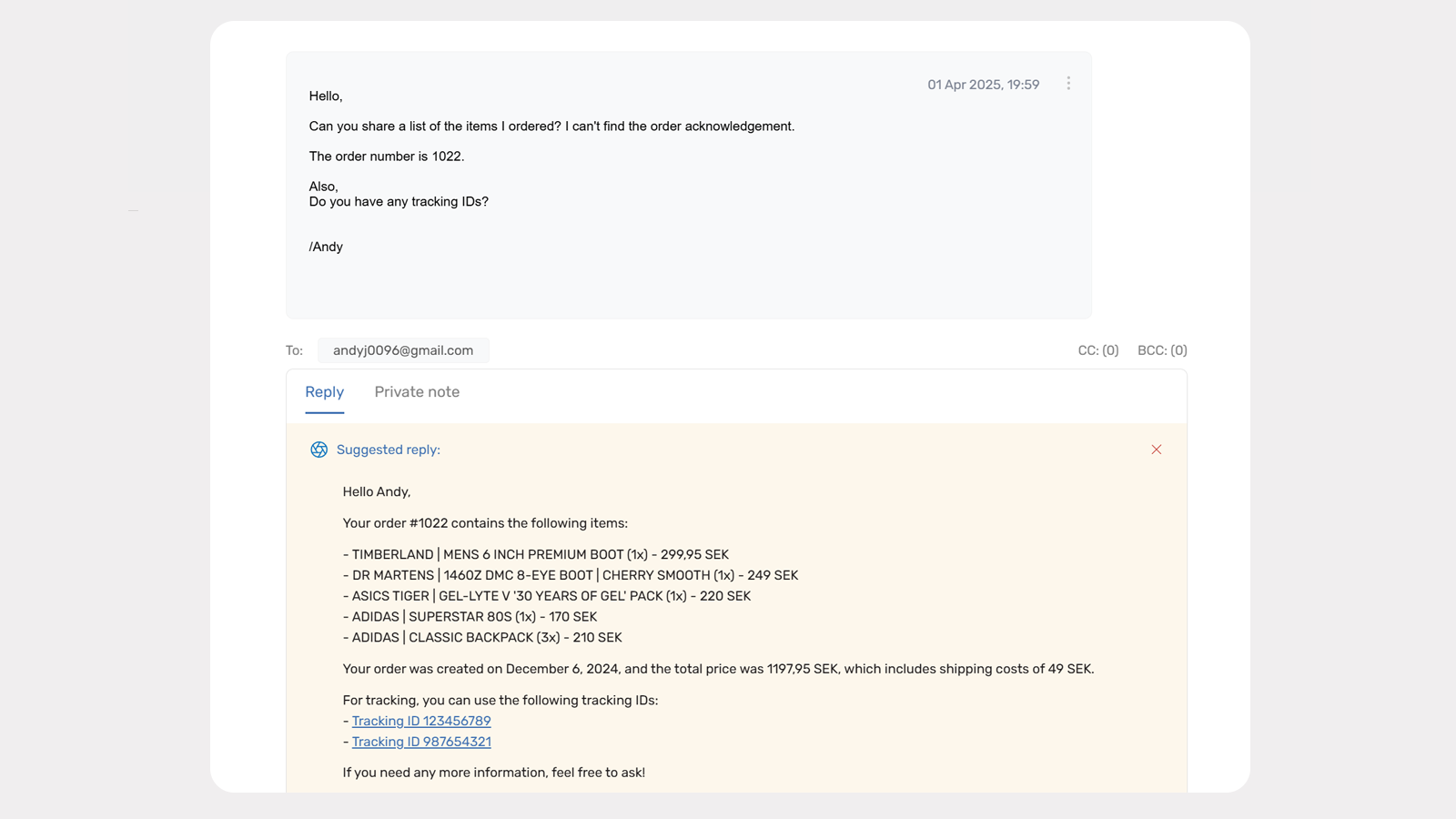 Suggested reply, enriched with Shopify data