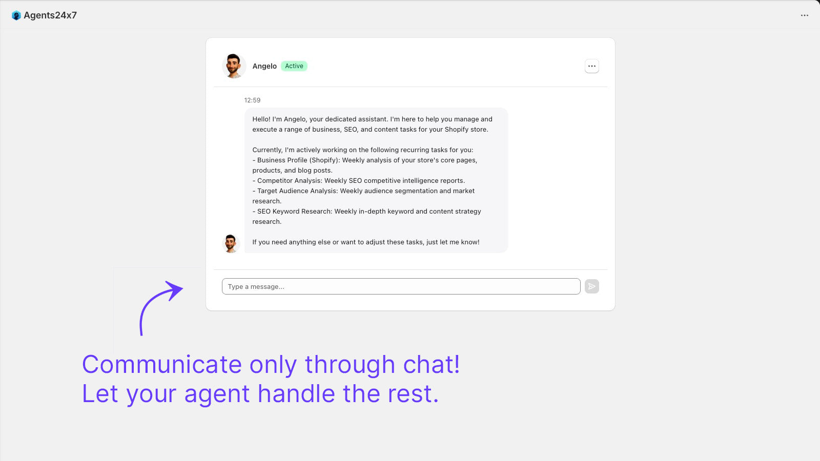 Chat interface with the AI Agent. Communicate only through chat.