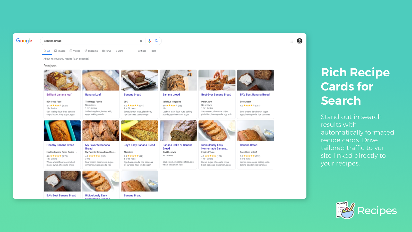 Rich recipe cards show on search results automatically.