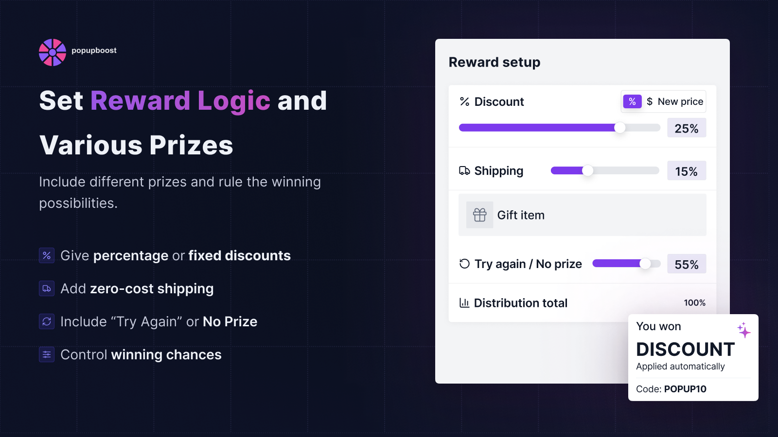 shipping, custom prizes, discount codes for wins
