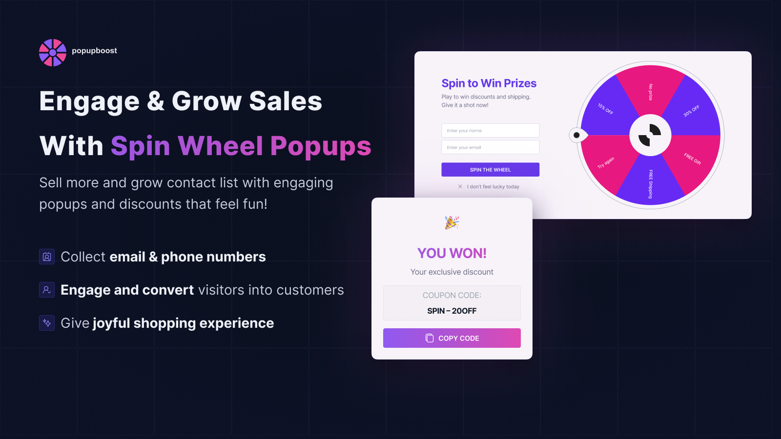 Engage customers grow sms & email list with spin wheel pop ups