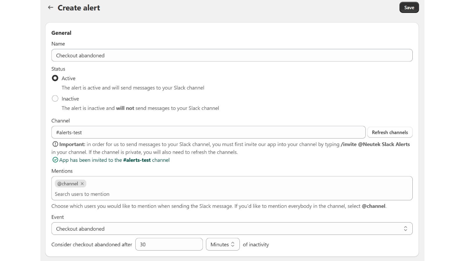 Neutek Slack Alerts Create Alert