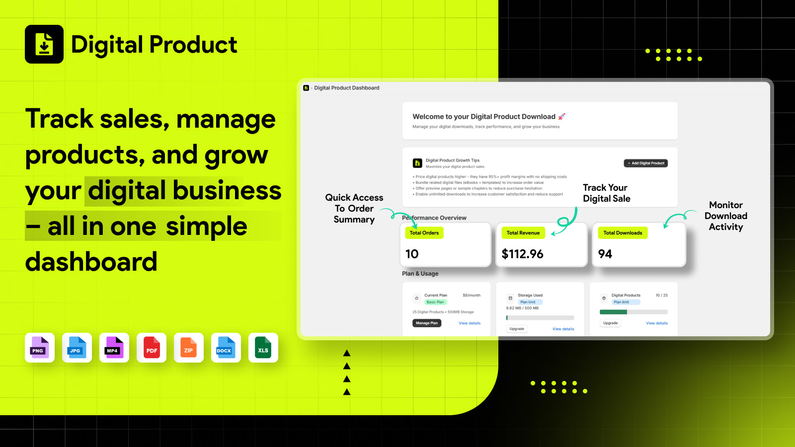 Dashboard shows sales, revenue, and download tracking.