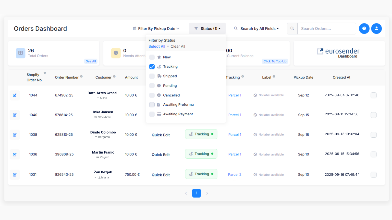 Eurosender dashboard UI with filter, status tracking